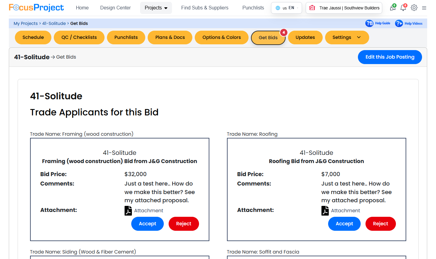 Get Bids screen showing bid invitations and applications for a project