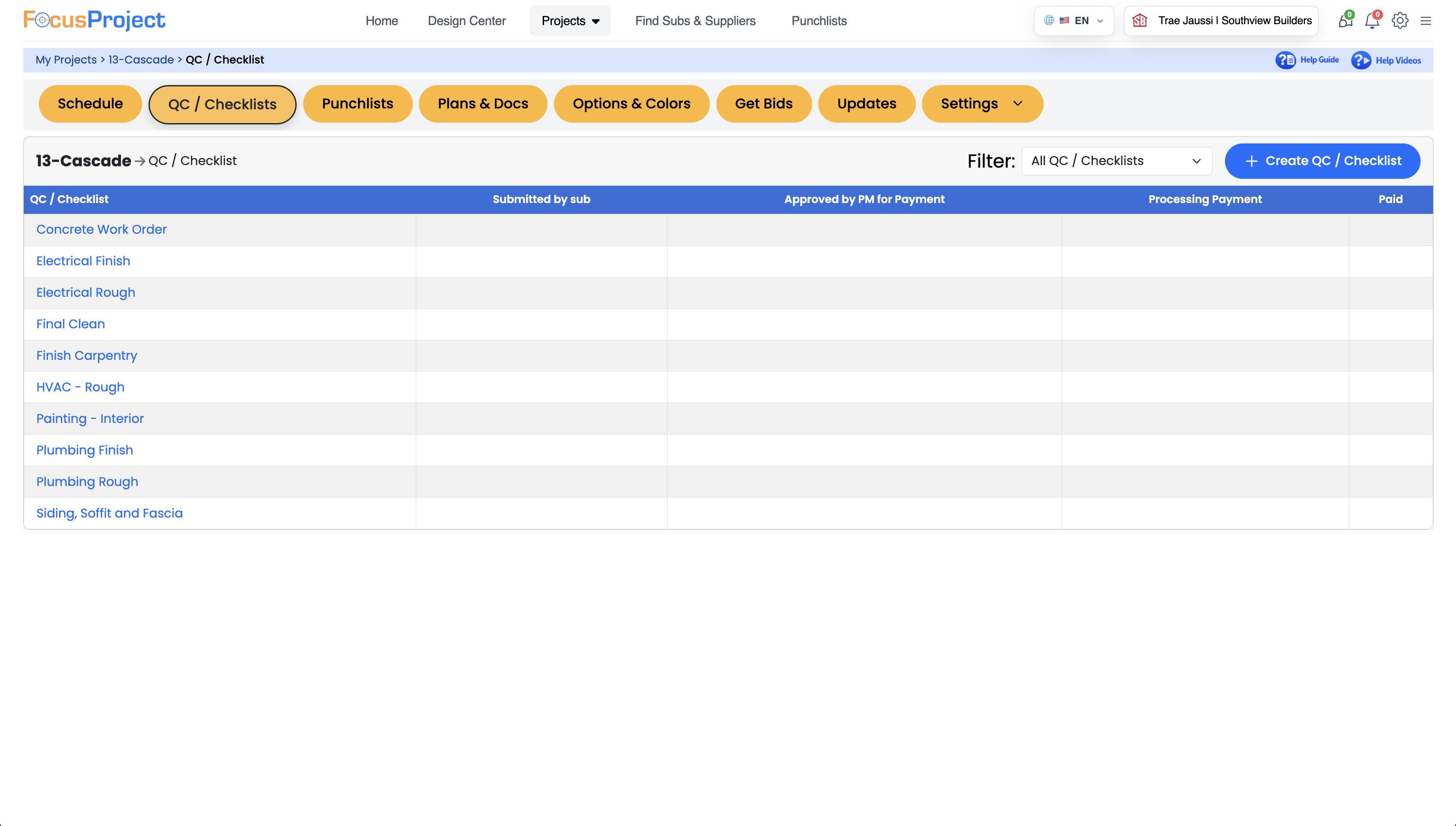 FocusProject dashboard displaying construction work order tracking and approval status