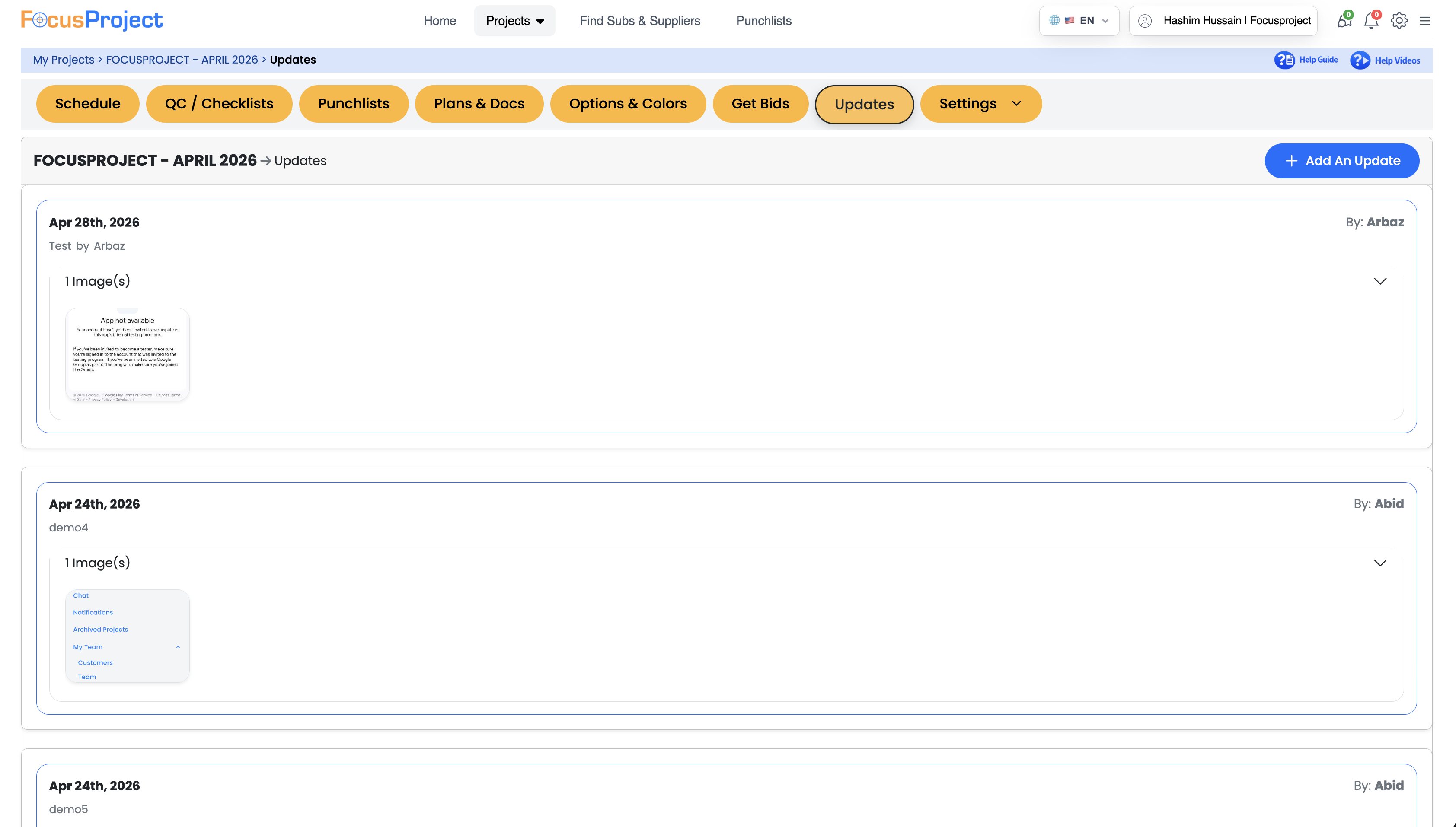 Subcontractor documents and floorplans management screen